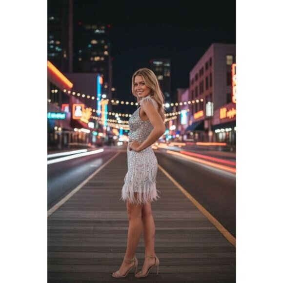 Gianni Bini GB Silver Sequin Feather Cocktail Dress Illusion V Neck - Picture 2 of 15